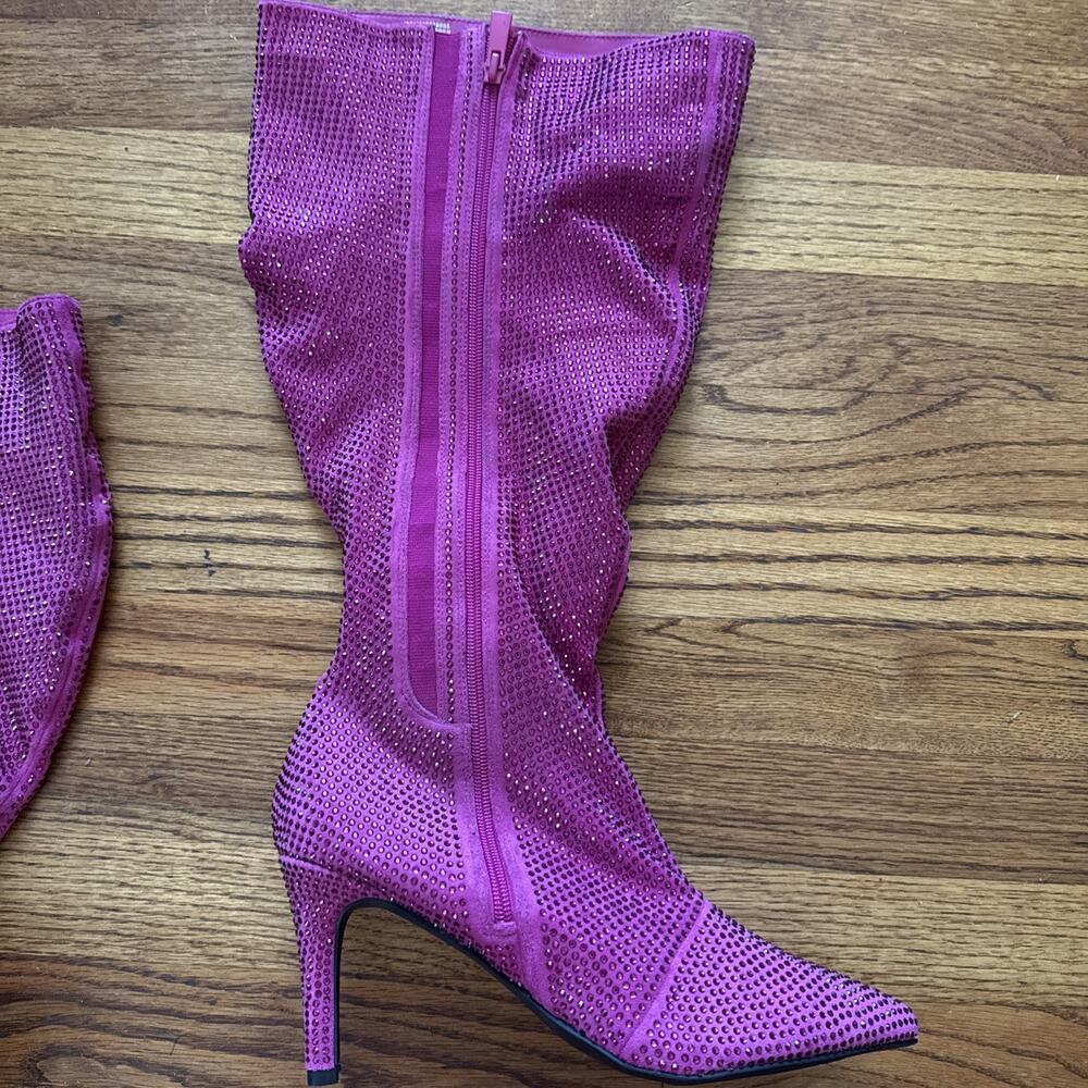 Torrid 9,5WW Wide Sexy Hot Pink Rhinestone Studded Slouchy 3.5" Heel Knee Boots - Picture 8 of 13